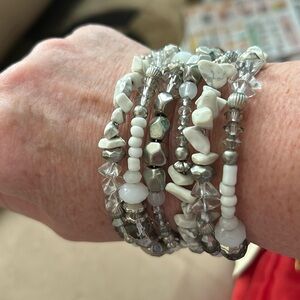 Snake wrap around bracelet, silver, and white beads